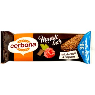 Cerbona | Baton musli cu ciocolata neagra si zmeura cu invelis de cacao 20g