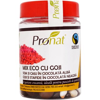 Pronat | Mix bio cu goji, soia si caju in ciocolata alba si cu stafide in ciocolata neagra 120g