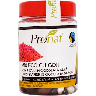 Pronat | Mix bio cu goji, soia si caju in ciocolata alba si cu stafide in ciocolata neagra 120g
