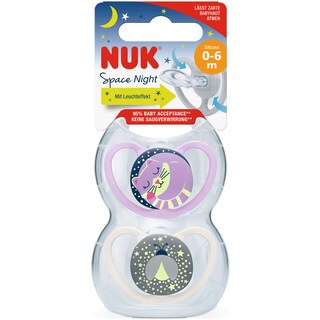 NUK | Suzeta din silicon Space Night, 0 - 6 luni, 2 bucati, roz