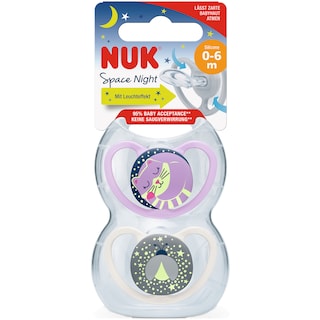 NUK | Suzeta din silicon Space Night, 0 - 6 luni, 2 bucati, roz