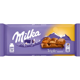 Milka | Ciocolata cu lapte alpin cu bucatele de migdale caramelizate si crema de lapte cu aroma de caramel 90g