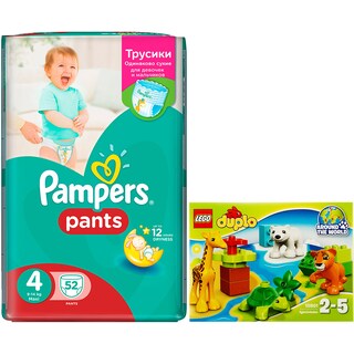 Pampers | Scutece pants 4maxi jp 52buc + Lego duplo  animalele lumii