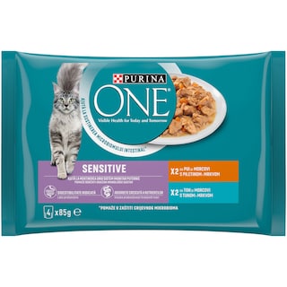 Purina One | Hrana umeda pentru pisici adulte, Sensitive, cu pui si morcov  si cu ton si morcov in sos 4x85g