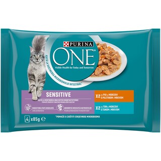 Purina One | Hrana umeda pentru pisici adulte, Sensitive, cu pui si morcov  si cu ton si morcov in sos 4x85g
