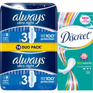 Always | Ultra | Absorbante Ultra Night 14 bucati + Absorbante zilnice Waterlily 20 bucati