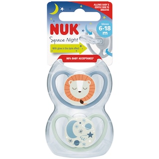 NUK | Suzeta din silicon Space Night, 6-18 luni, 2 bucati, albastru
