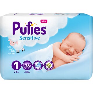 Pufies | Sensitive | Scutece bebelusi Marimea 1, 2-5 kg, 36 buc