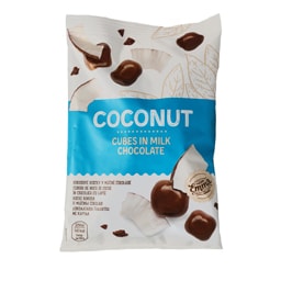 Cuburi de nuca de cocos in ciocolata cu lapte 150g