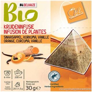 Delhaize Bio | Infuzie de plante cu portocala, turmeric, vanilie 20x1.5g
