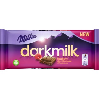 Milka | Dark Milk | Ciocolata cu lapte, cacao si bucatele de zmeura 85g