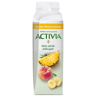 Activia | Iaurt de baut fara zahar cu banane, piersica si ananas 250g