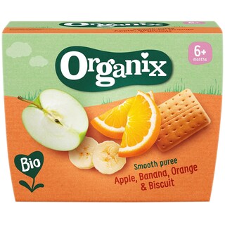 Organix | Gustare ecologica cu mere, banane, portocale si biscuiti, +6 luni 4x100g