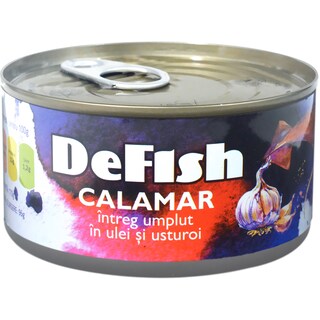 Defish | Calamar intreg in ulei si usturoi 170g
