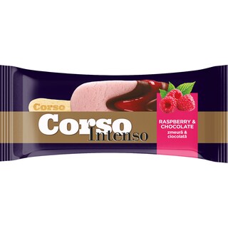 Corso | Intenso | Inghetata cu zmeura, cu glazura de cacao sos de zmeura si ciocolata cu lapte 69g