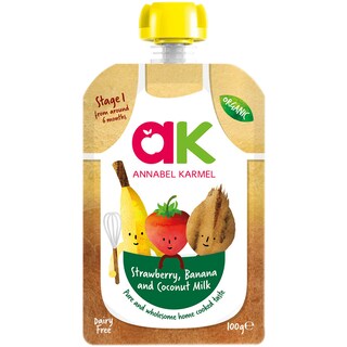 Annabel Karmel | Piure bio de fructe cu banane, mere, capsuni si lapte de cocos 100g