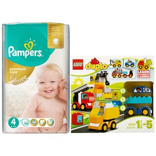 Pampers | Scutece premium care 4 maxi 66 buc + Lego duplo camioane