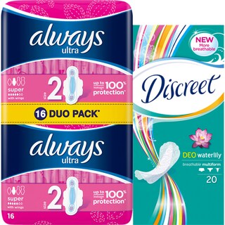 Always | Ultra | Absorbante Super 16 bucati + Absorbante zilnice Waterlily 20 bucati
