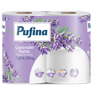 Pufina | Hartie igienica Campuri de lavanda, 3 straturi, 4 role