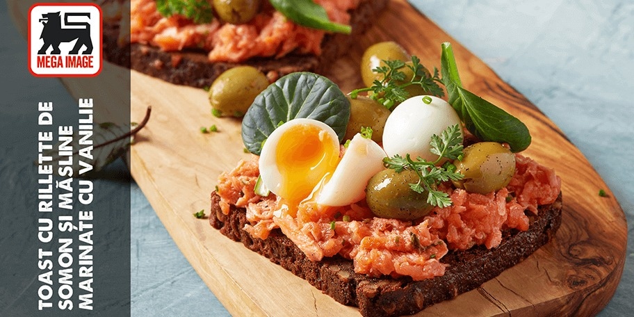 TOAST CU RILLETTE DE SOMON ȘI MĂSLINE MARINATE CU VANILIE