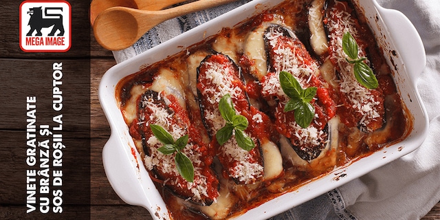 Vinete gratinate cu brânză și sos de roșii la cuptor