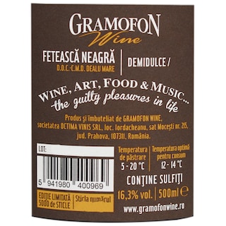Gramofon | Opus Fabula | Vin rosu demidulce Feteasca Neagra 0.5L