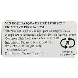 Famiglia Pasqua | Desire Lush&Zin primitivo | Vin rosu sec Primitivo Puglia 0.75L