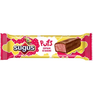 Sugus | Pufs | Baton de ciocolata cu spuma cu capsuni si banane 21g