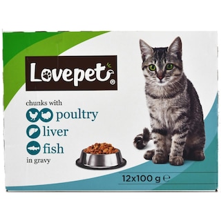 Lovepet | Hrana umeda pentru pisici, cu pasare, ficat si peste in sos 12x100g