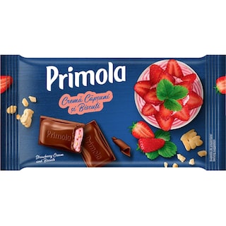 Primola | Ciocolata cu lapte si crema de capsuni si biscuiti 91g