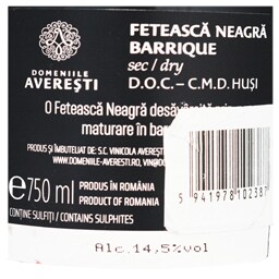 Domeniile Averesti | Vin rosu sec Feteasca Neagra Barrique 0.75L