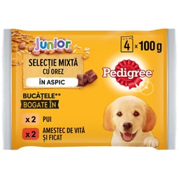 Pedigree | Hrana umeda pentru caini Junior, selectie mixta in aspic, 4x100g