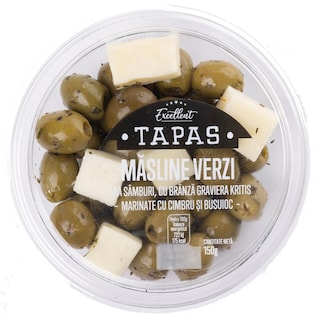 Excellent | Tapas | Masline verzi marinate cu cimbru si busuioc, cu branza Graviera Kritis 150g
