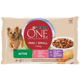 Purina | One Mini | Hrana umeda pentru caini <10kg, cu vita, rate si legume 4x100g