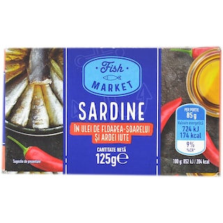 Sardine in ulei de floarea soarelui si ardei iute 125g