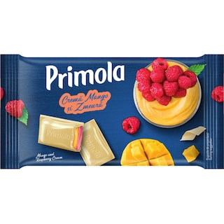 Primola | Ciocolata alba cu crema mango si zmeura 93g