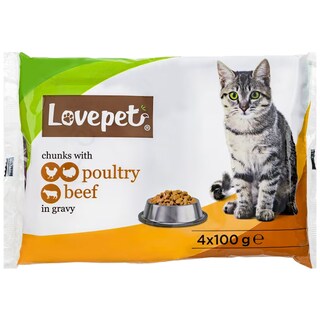 Lovepet | Hrana umeda pentru pisici, cu vita si pasare 4x100g