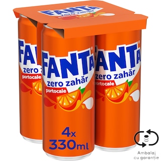 Fanta Zero Zahar | Bautura racoritoare carbogazoasa cu suc de portocale, fara zahar 4x330ml