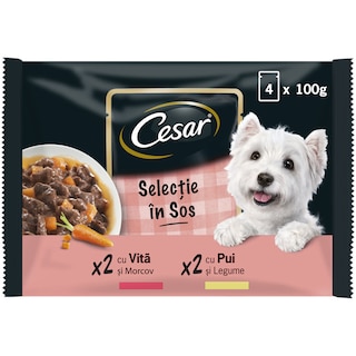 Cesar | Hrana completa pentru caini adulti selectii cu pui si legume si vita si morcovi 4x100g