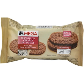 MEGA | Biscuiti cu cereale integrale, cacao si fulgi de ciocolata 50g