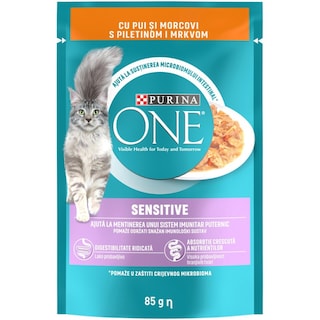 Purina One | Hrana umeda pentru pisici adulte, Sensitive, cu pui si morcovi in sos 85g