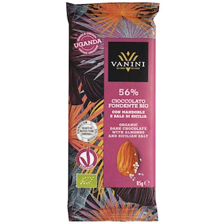 Vanini | Ciocolata neagra bio 56% cacao cu bucati de migdale si sare de Sicilia 85g