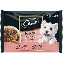 Cesar | Hrana completa pentru caini adulti selectii cu pui si legume si vita si morcovi 4x100g