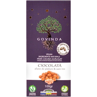 Govinda | Ciocolata cu alune de padure si sare roz 100g