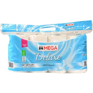 MEGA | Hartie igienica alba Deluxe, 8 role, 3 straturi