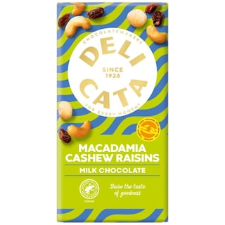 Delicata | Ciocolata cu lapte cu macadamia, caju si stafide 150g