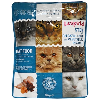 Leopold | Hrana umeda pentru pisici adulte, cu pui, ficat si legume 500g