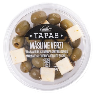Excellent | Tapas | Masline verzi cu branza Graviera Naxou, marinate cu fulgi de ardei iute si chili 150g