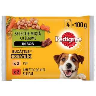 Pedigree | Hrana completa pentru caini adulti cu pui si legume si vita si legume 4x100g