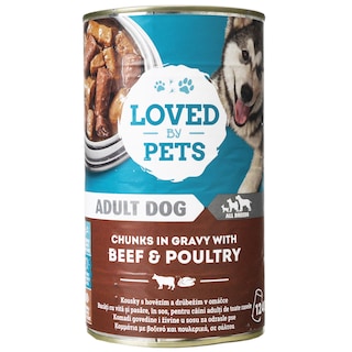 Loved by Pets | Bucati cu vita si pasare, in sos, pentru caini adulti de toate rasele 1240g